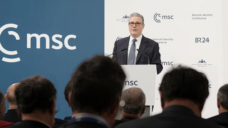 Keir Starmer speaking at the Munich Security Conference on Saturday. The British prime minister said the UK wanted to integrate more closely on defence procurement with European allies.