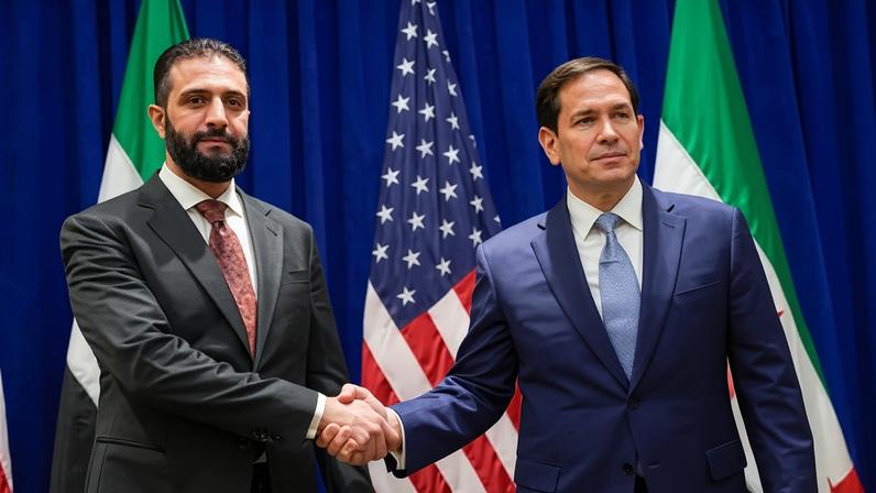 US secretary of state Marco Rubio, right, with Syrian president Ahmed al-Sharaa in New York last year. Rubio praised Damascus for its participation in the anti-IS coalition.