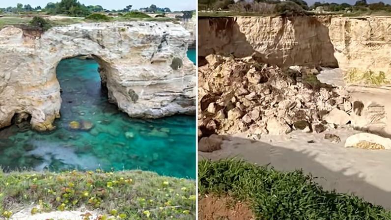 The natural rock formation at Sant’Andrea in Melendugno, left, and after its final collapse.