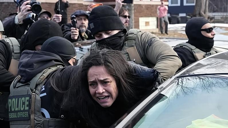 Aliya Rahman is detained by federal agents near the scene where Renee Good was fatally shot by an ICE officer last week, Jan. 13, 2026, in Minneapolis.