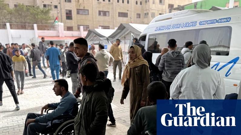 Palestinians wait to board a bus at the Red Cross hospital in Khan Yunis, Gaza, for treatment in Egypt.