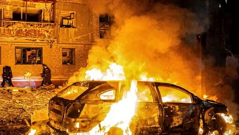 Ukrainian rescuers work at the site of a Russian early-morning guided bomb strike on a residential area in Kramatorsk of Donetsk region, eastern Ukraine, on Thursday that Ukraine said left at least two people injured.