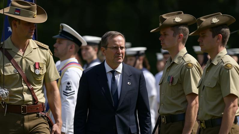 Israeli president Isaac Herzog inspects a guard of honour during a ceremonial welcome at Government House in Canberra.
