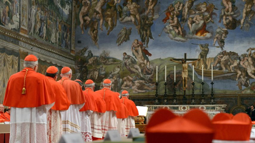 Cardinals enter the Sistine Chapel - which has Michelangelo's soaring Last Judgment on one wall - to begin the conclave in order to elect a successor to Pope Benedict March 12, 2013.