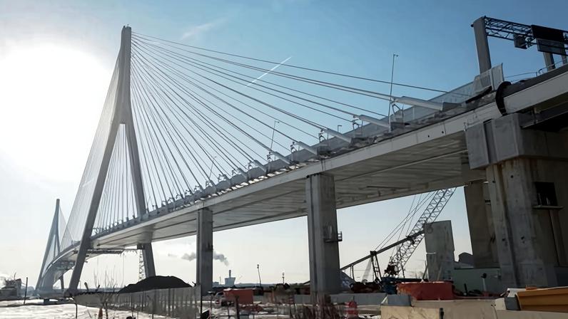 The Gordie Howe International Bridge between Detroit and Windsor, Ontario, under construction on 10 February 2026.