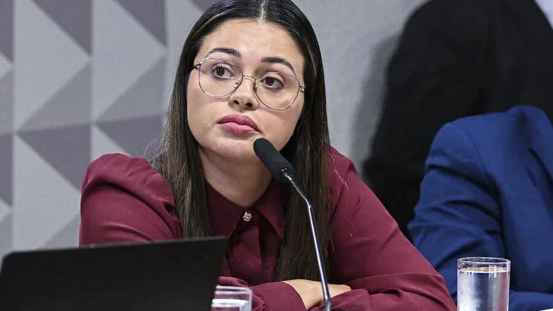 Empresária Ingrid Pikinskeni Morais Santos em depoimento à CPMI do INSS. Foto: Carlos Moura/Agência Senado