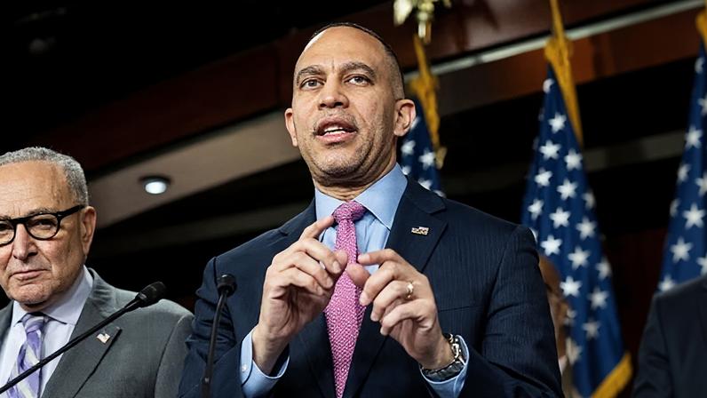 Hakeem Jeffries speaks as Chuck Schumer looks on at a press conference at the US Capitol in Washington DC on 4 February.