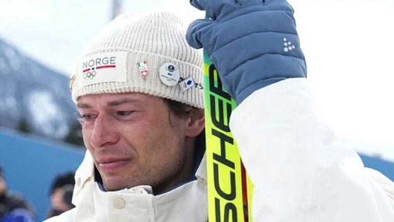 Sturla Holm Lægreid shows his emotion after winning Winter Olympics bronze in the biathlon.