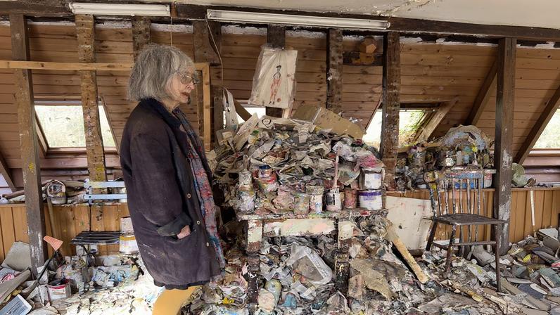 Rose Wylie, pictured in 2024 in her studio in Kent