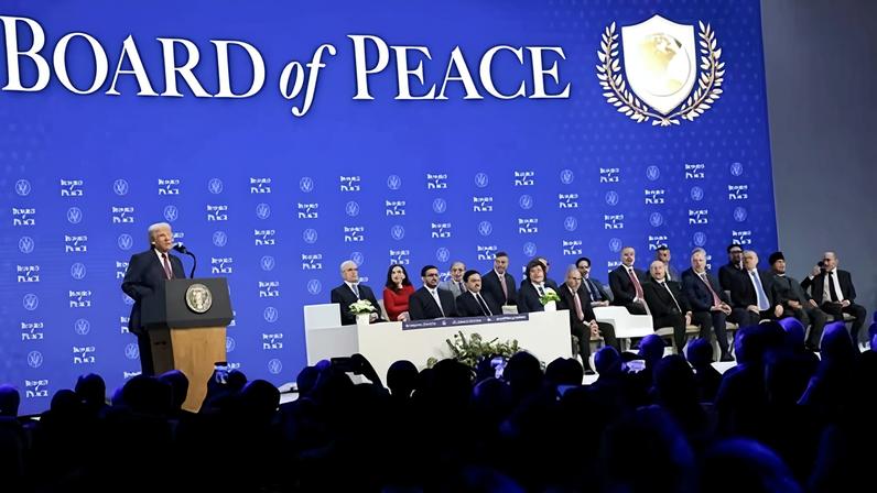 Donald Trump announces the charter for his Board of Peace at the World Economic Forum in Davos, Switzerland, on 22 January.