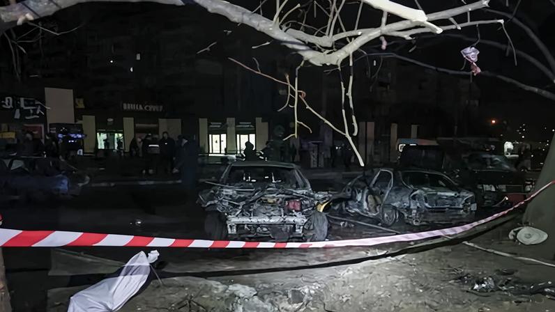 The site of a Russian drone strike in Zaporizhzhia, south-eastern Ukraine, that killed at least two people.