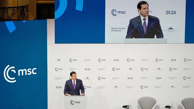 U.S. Secretary of State Marco Rubio speaks at the Munich Security Conference in Munich, Germany, Saturday, Feb. 14, 2026. Alex Brandon/Pool via REUTERS