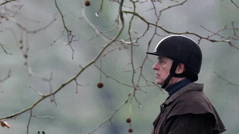 Andrew Mountbatten-Windsor rides a horse in Windsor Great Park, near Royal Lodge, in Windsor, Britain, February 2, 2026. REUTERS/Toby Melville/File Photo