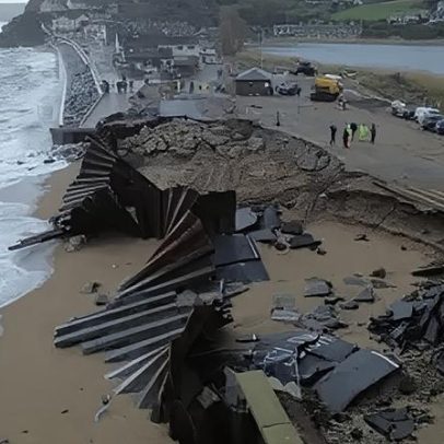Estrada costeira atingida pela tempestade é levada pela água
