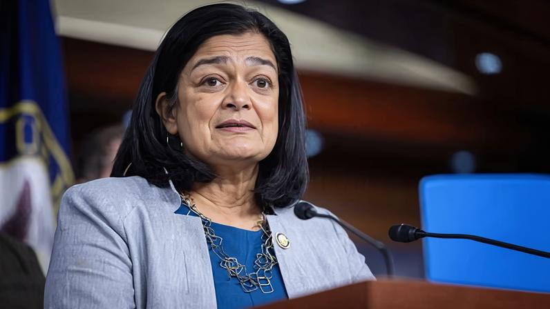 Congresswoman Pramila Jayapal speaks during a press conference with other members of the congressional progressive caucus in Washington DC on, 13 January 2026.