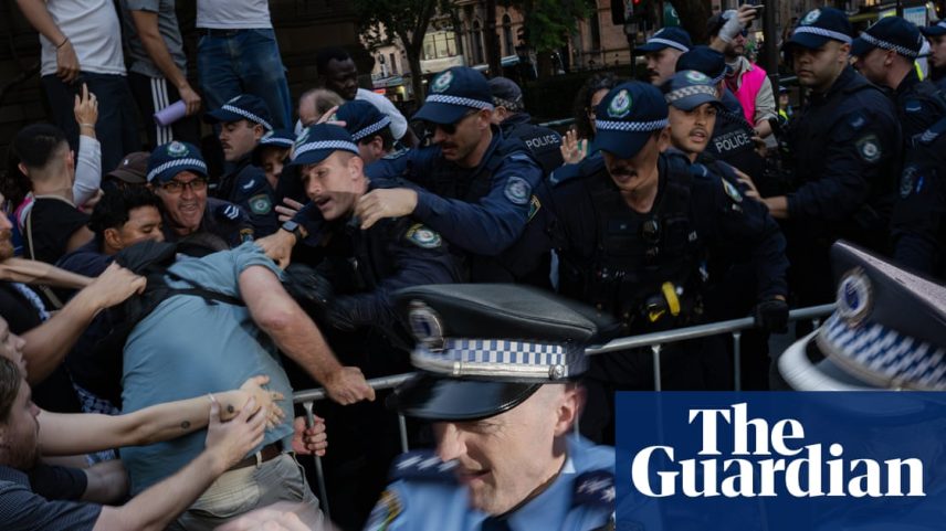 Police and protesters clash at a pro-Palestine rally outside Sydney town hall against Israeli president Isaac Herzog’s visit to Australia.