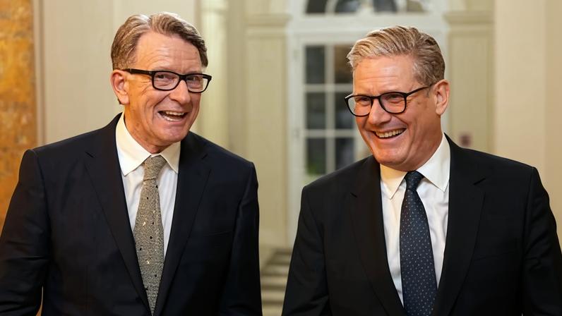 Peter Mandelson and Keir Starmer walking down an ornate corridor in the ambassador's residence in Washington DC