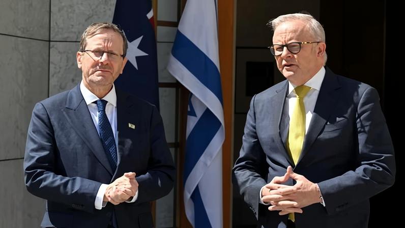 Israel’s president Isaac Herzog meets with Australian prime minister Anthony Albanese at Parliament House in Canberra on Wednesday.