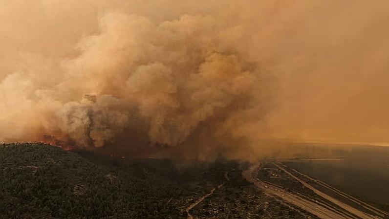 A forest fire burning in the mountains of the rural area of Epuyen, in the Patagonian region of Chubut province, Argentina.