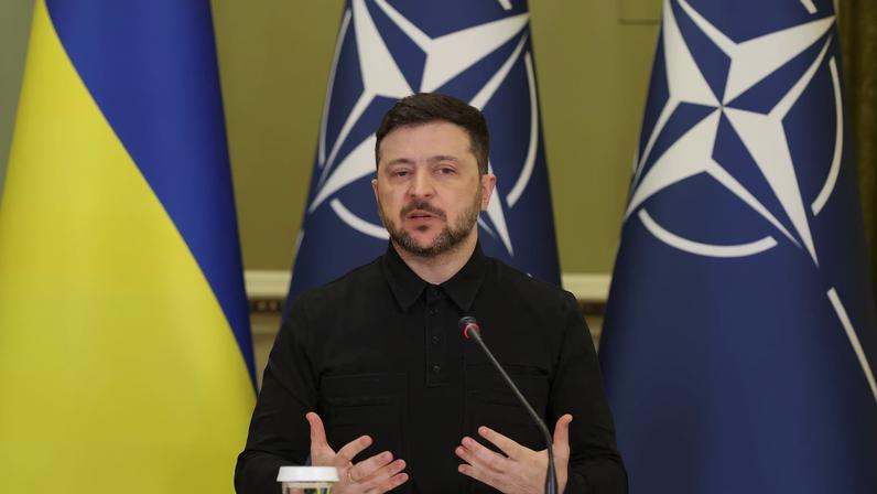 Ukraine's President Volodymyr Zelenskiy speaks to the media during a joint press conference with NATO Secretary General Mark Rutte (not pictured), amid Russia's attack on Ukraine, in Kyiv, Ukraine February 3, 2026.