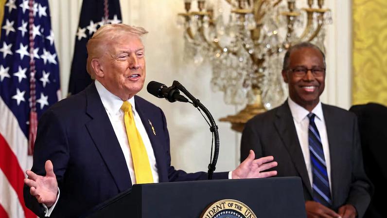 U.S. President Donald Trump speaks during a Black History Month reception at the White House in Washington