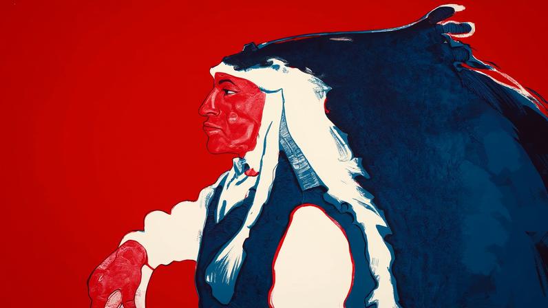 Fritz Scholder, Patriotic Indian, 1975 The New York Historical, Promised gift of Agnes Hsu-Tang and Oscar Tang, The Hsu-Tang Collection. Agent of the Estate of Fritz Scholder and the Collection of Fritz Scholder