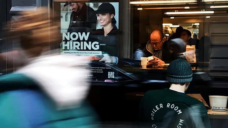 A hiring sign is displayed in the window of a business in New York City, on 27 November 2025.
