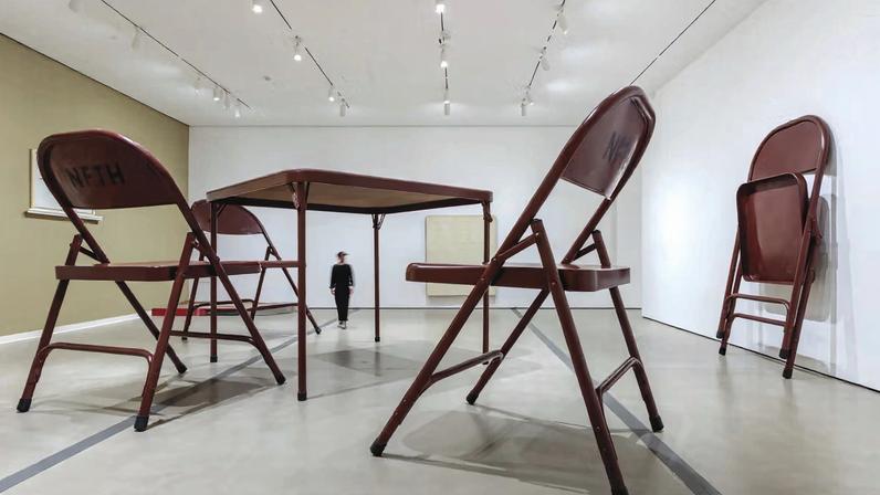 Therrien’s No title (folding table and chairs, dark brown) (2007) from the retrospective. A similar ensemble of a huge table and chairs is one of The Broad’s most popular works