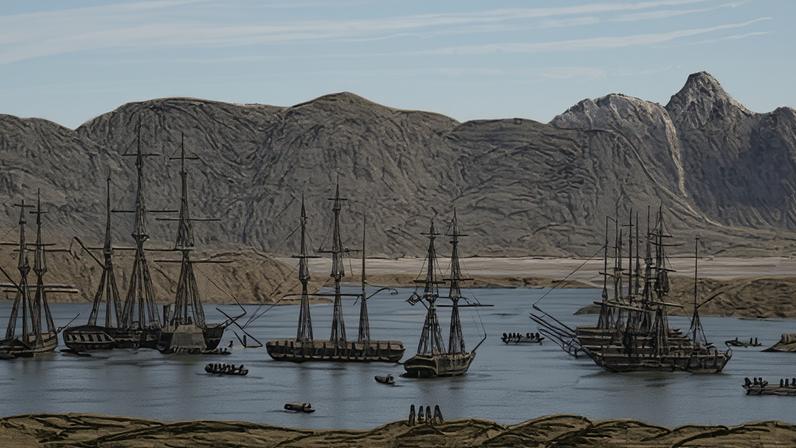 The Large British Steamer Bulldog, the American Ship Nautilus, and Other Ships at Nuuk, 1860 (title translated by Richard Margolis) by Aalut Kangermiu (also known as Aron of Kangeq), from the first issue of the Kalaallit (Greenlandic) newspaper Atuagagdliutit, 1 January 1861.
