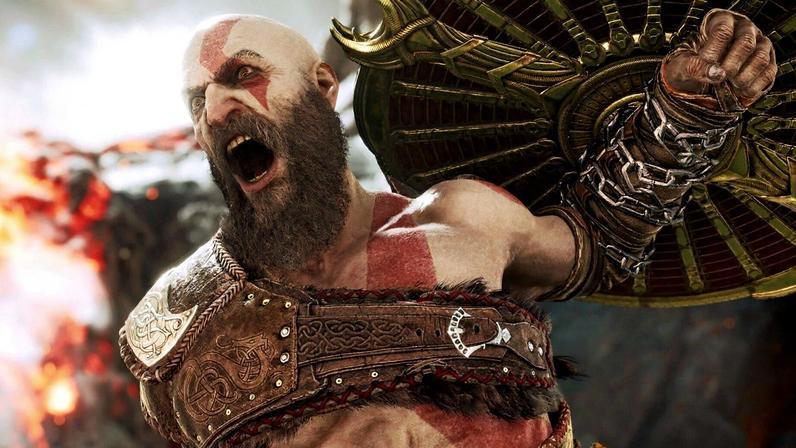 Kratos raises his shield.