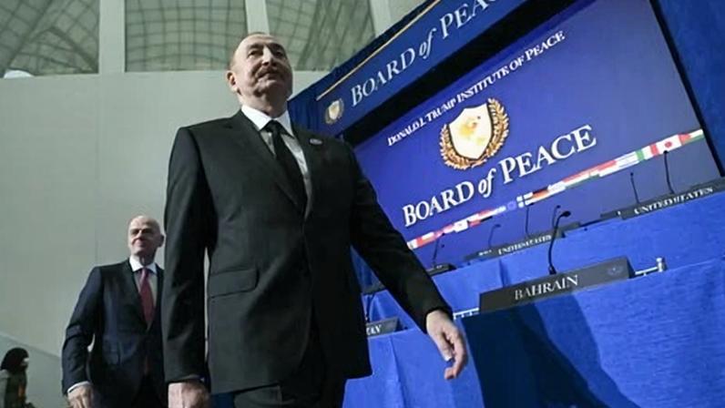 Azerbaijan's president, Ilham Aliyev, arrives at the inaugural meeting of the Board of Peace on 19 February 2026.