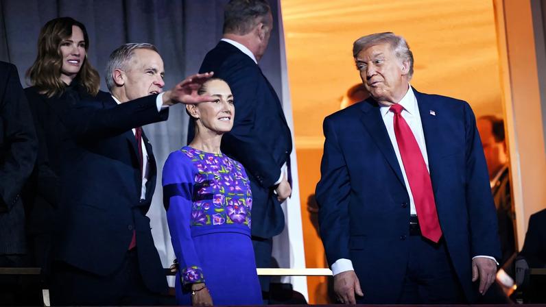 Canada's Prime Minister Mark Carney, Mexico's President Claudia Sheinbaum and U.S. President Donald Trump as the Village People perform during the FIFA World Cup draw December 5, 2025, Pool via REUTERS/Mandel Ngan/File Photo