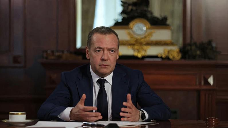 Deputy Chairman of the Russian Security Council Dmitry Medvedev attends an interview in the Moscow region