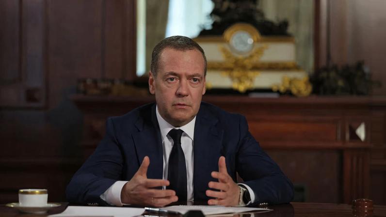 Deputy Chairman of the Russian Security Council Dmitry Medvedev attends an interview in the Moscow region