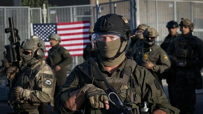 Federal agents outside an immigration processing center in Broadview, Illinois, last year.