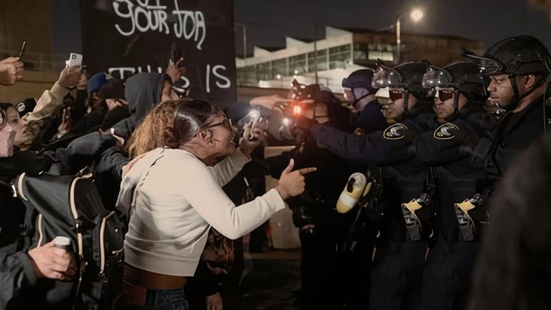 Demonstrators and DHS officers clash in downtown Los Angeles on 31 January.