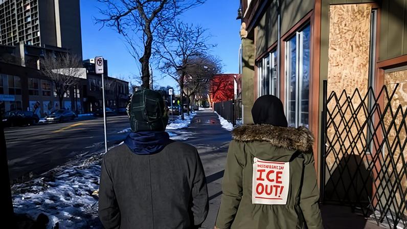 ICE watchers patrol their community around the Riverside Plaza complex in the Cedar-Riverside neighborhood on 9 January 2026 in Minneapolis, Minnesota.
