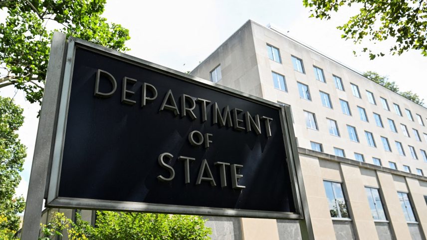A general view of a U.S. State Department sign outside the U.S. State Department building in Washington, D.C., U.S., July 11, 2025. REUTERS/Annabelle Gordon/File Photo
