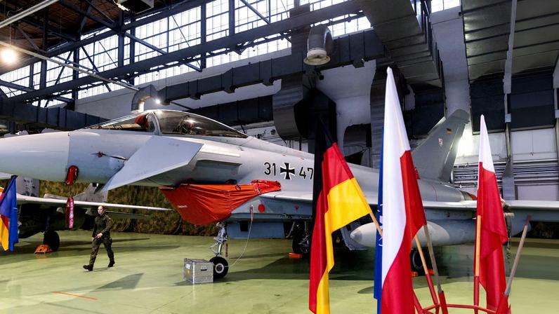 A German Air Force Eurofighter Typhoon fighter jet is displayed in a hangar during the launch of the German contingent’s mission under NATO’s Air Policing operation at the 22nd Tactical Air Base in Malbork.
