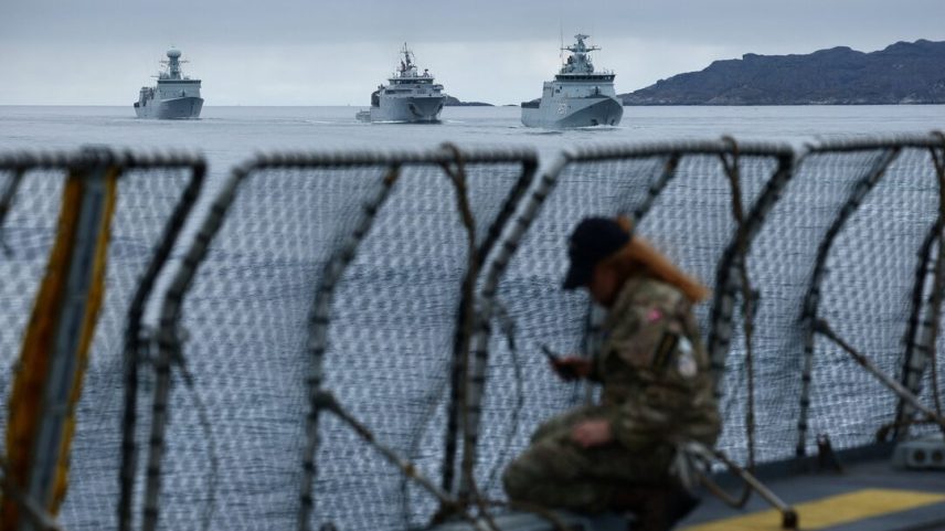 The frigate Niels Juel sails off the coast of Greenland during military drills