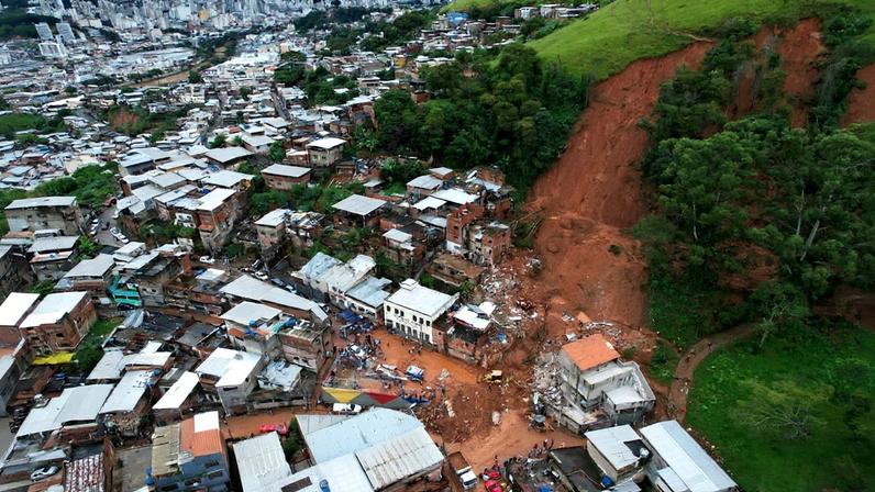 Collapsed homes sit after heavy rains and severe flooding in the Parque Burnier neighborhood of Juiz de Fora in Minas Gerais state, Brazil, Tuesday, Feb. 24, 2026. Photo courtesy of Silvia Izquierdo via Associated Press