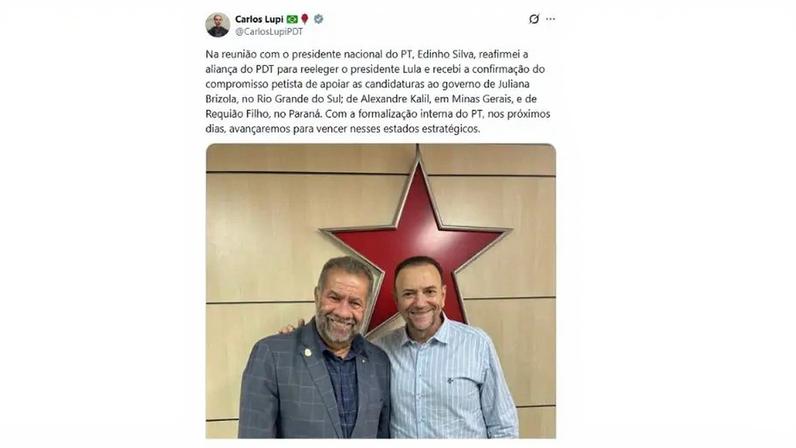 Após reunião com Edinho Silva, Lupi divulgou que PT e PDT fecharam aliança em torno da candidatura de Kalil para o governo de Minas. Edinho desmentiu Lupi em nota. (Foto: Reprodução/X/Carlos Lupi)