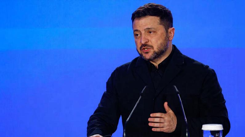 Ukraine's President Volodymyr Zelenskiy attends a press conference with European Commission President Ursula von der Leyen (not pictured) and European Council President Antonio Costa (not pictured) on the fourth anniversary of Russia's full-scale invasion of Ukraine, in Kyiv, Ukraine, February 24, 2026.