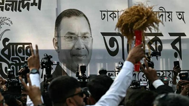 A poster of Bangladesh Nationalist Party leader Tarique Rahman is displayed in Dhaka.