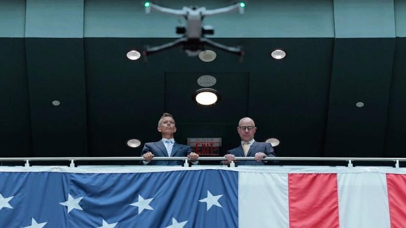 U.S. Transportation Secretary Sean Duffy and Federal Aviation Administration head Bryan Bedford observe a Skydio X10 drone at the Transportation Department headquarters in Washington on Aug. 5, 2025.