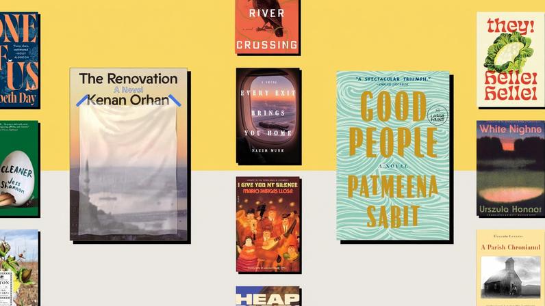 A series of book covers laid over a yellow and white background.