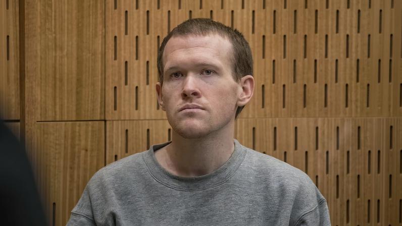 Brenton Tarrant, the gunman who shot and killed worshippers in the Christchurch mosque attacks, listens as Crown prosecutor Mark Zarifeh delivers his submission during Tarrant's sentencing at Christchurch High Court, August 27, 2020.