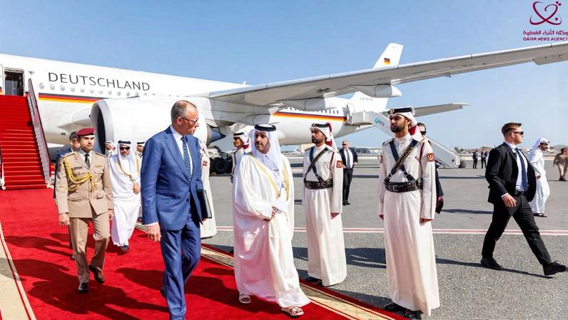 Qatar's Officials receive German Chancellor Friedrich Merz, in Doha, Qatar, February 5, 2026. Qatar News Agency/Handout via REUTERS