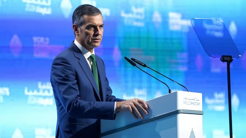 El presidente del Gobierno, Pedro Sánchez, durante un acto a comienzos de mes en Dubái, en el que presentó el fondo España crece.