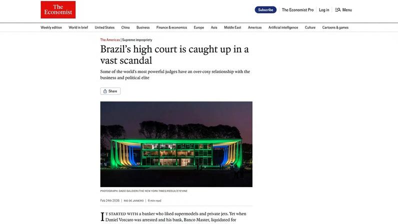 Revista britânica aponta Supremo como "intransigente" e relata polêmicas envolvendo Toffoli e Moraes. (Foto: Reprodução/The Economist)